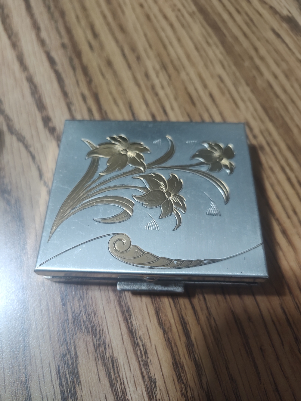 Vintage Silver Tone Floral Compact with Gold Accents